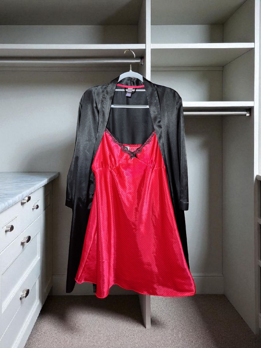 Black and red silky polka dot 2 piece pj. Top and Bottom