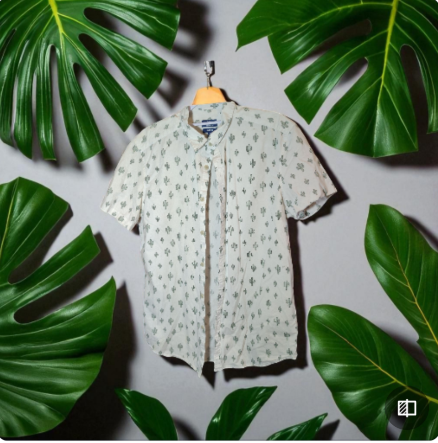 White and green cactus print short sleeve button up shirt  Med