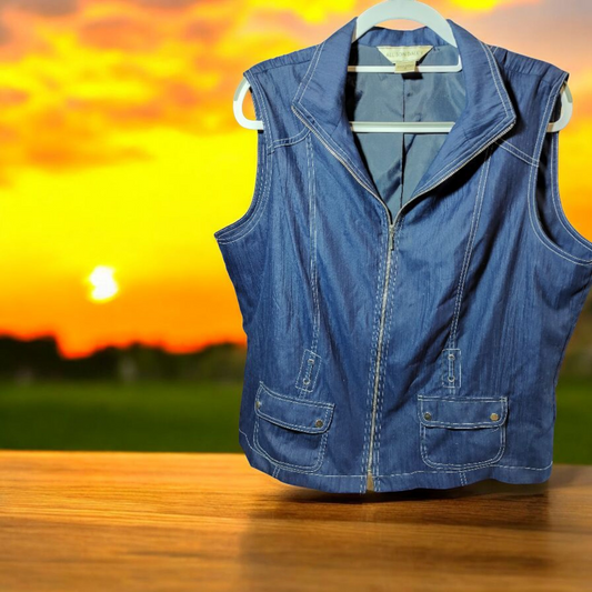 Navy blue light weight woman's professional zip up vest with pockets and collar  16