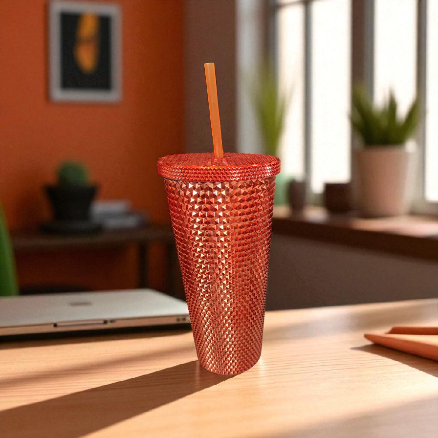 orange metallic tumbler with lid and straw
