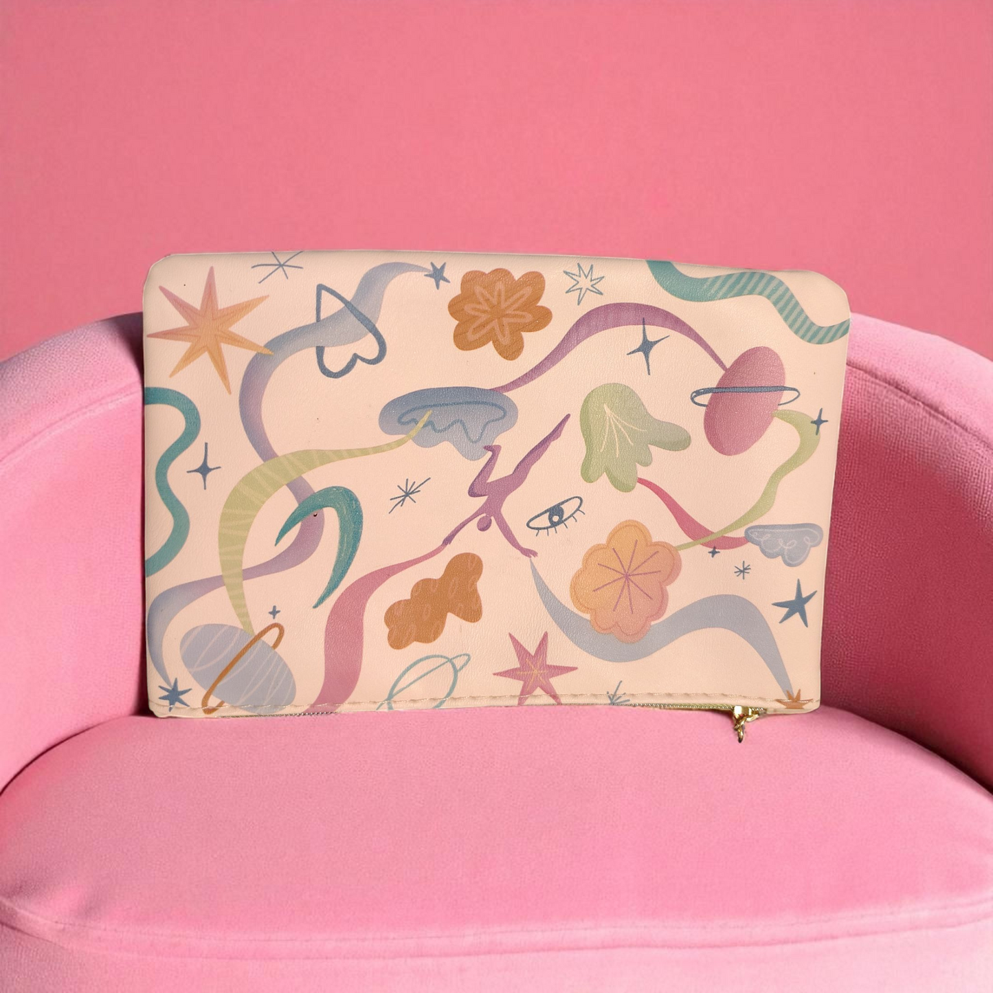 Light pink artisan print makeup bag with gold zipper