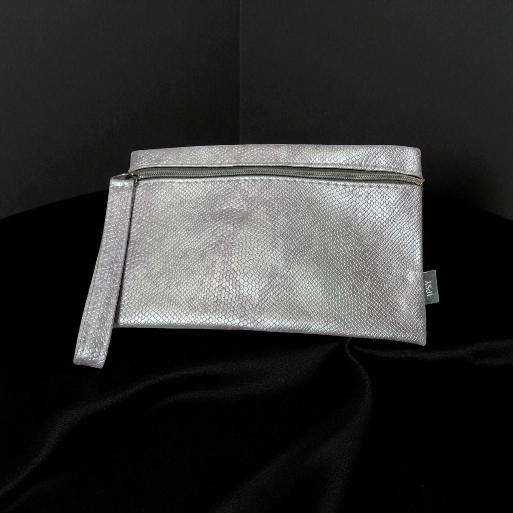 faux snake skin light purple zip up makeup bag with wrist handle