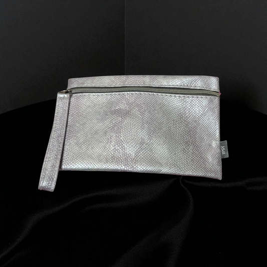 faux snake skin light purple zip up makeup bag with wrist handle