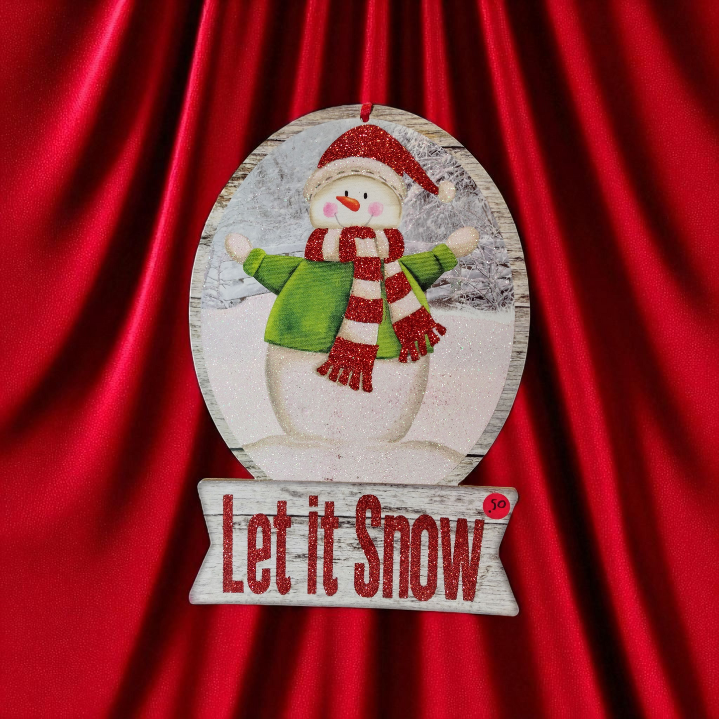 Let it Snow snowman with green sweater wooden wall hang decor