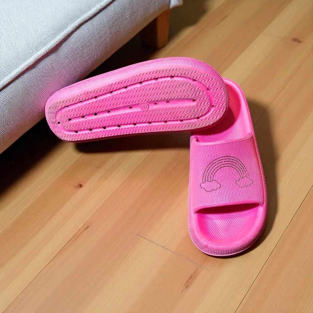 pink foam flops with rainbow emblem