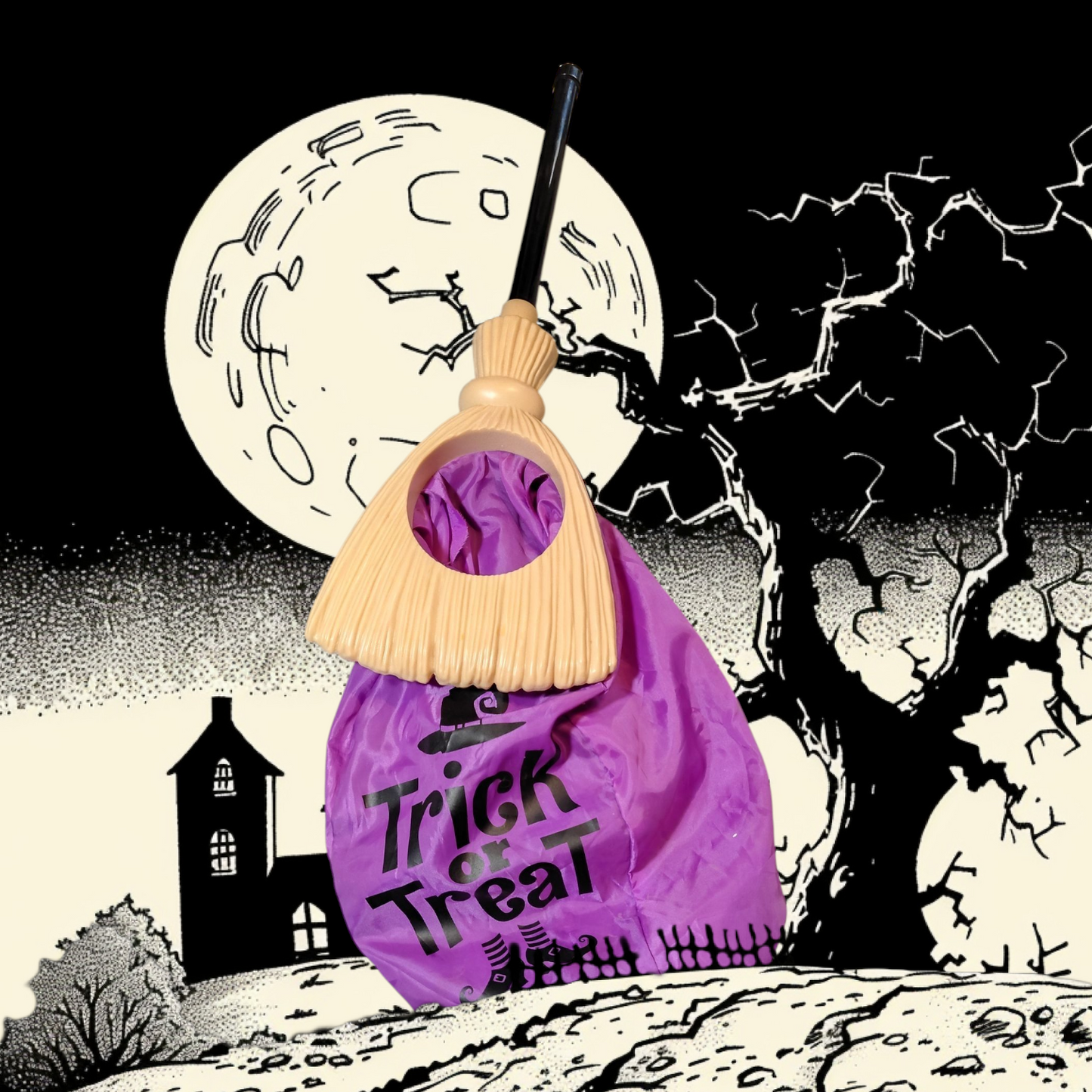 Purple trick or treat reach in broom treat bag  Halloween accessories