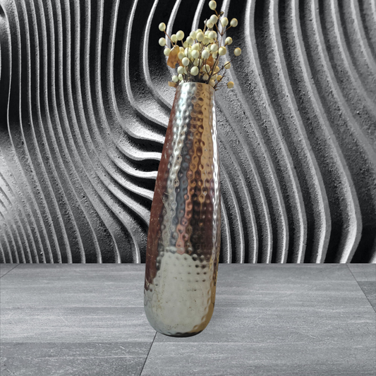 silver tall vase with false flowers included