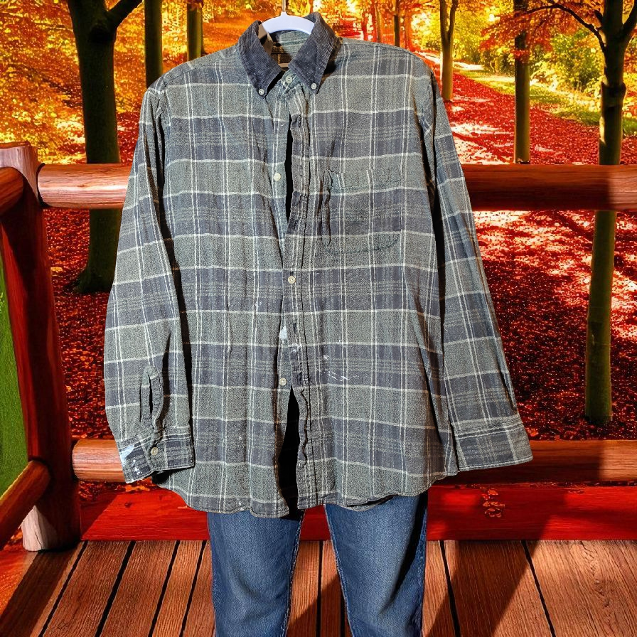 Green plaid flannel work shirt