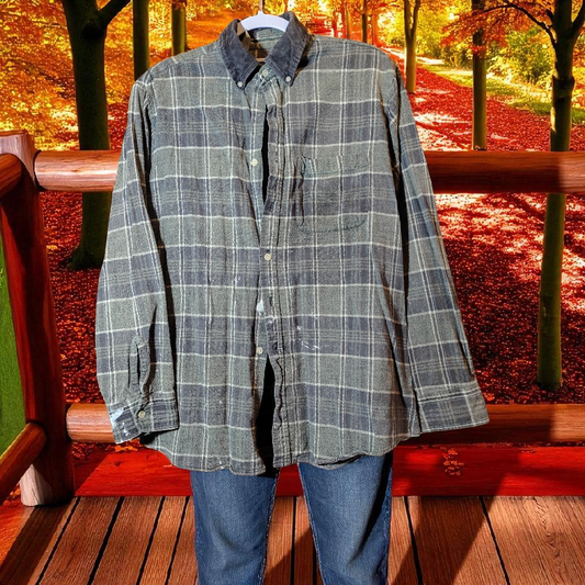 Green plaid flannel work shirt
