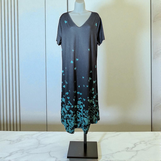 dark blue short sleeve V neck dress with light blue hearts print