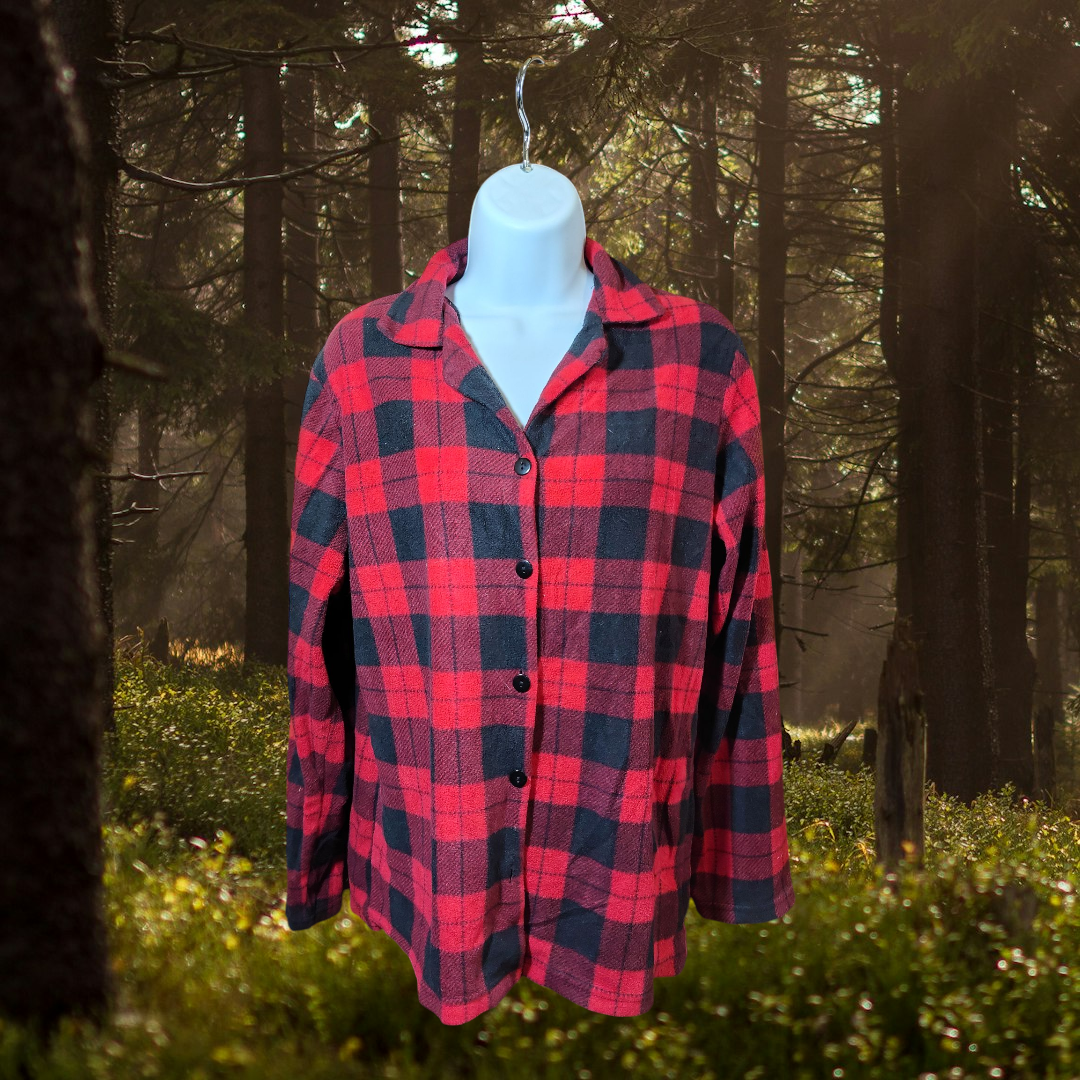 red and black paid med woman's night shirt button up long sleeve