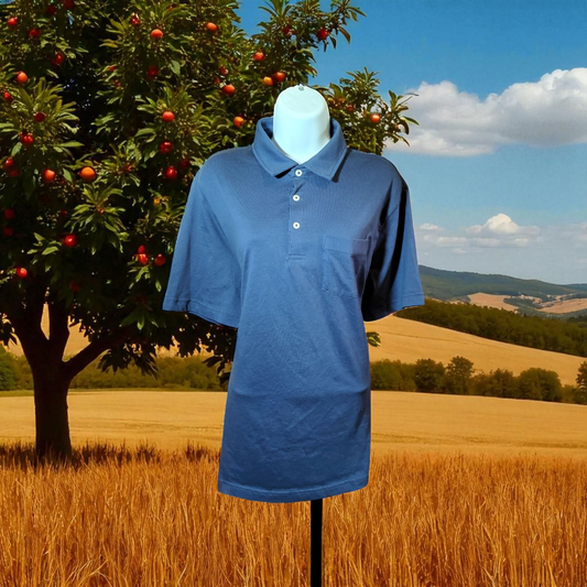 Dark blue 3 button up collar shirt with 1 pocket