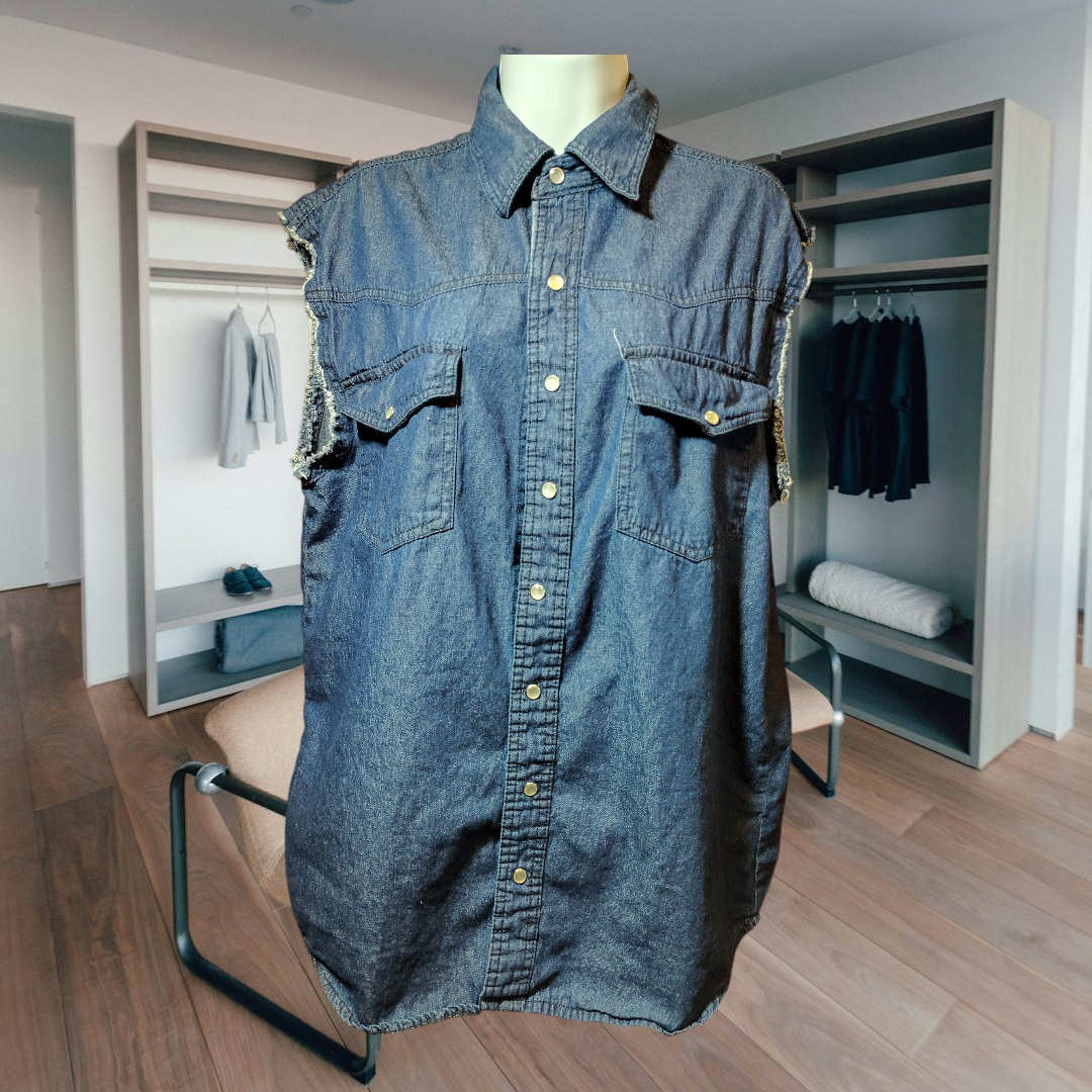 Men's Jean Metal Button Up Vest Long 'M'