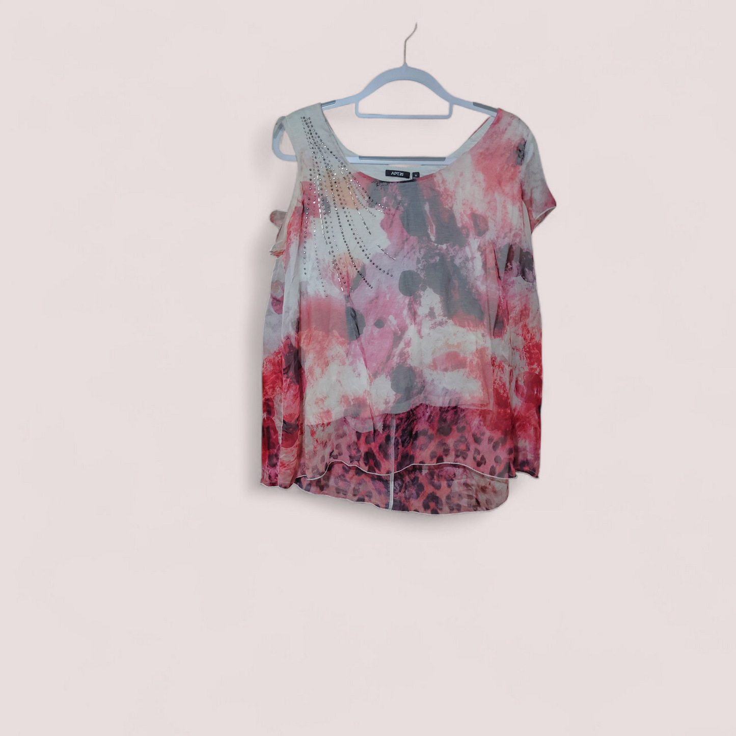 sparkle accent multi-print red and creme dress top.