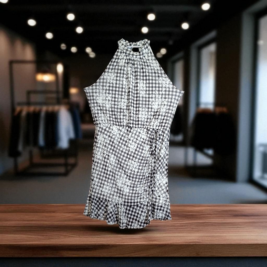 floral plaid choker neck black and white dress XL