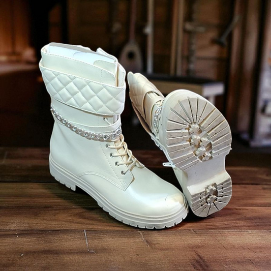 Shoedazzle chained cream colored boots used size 11