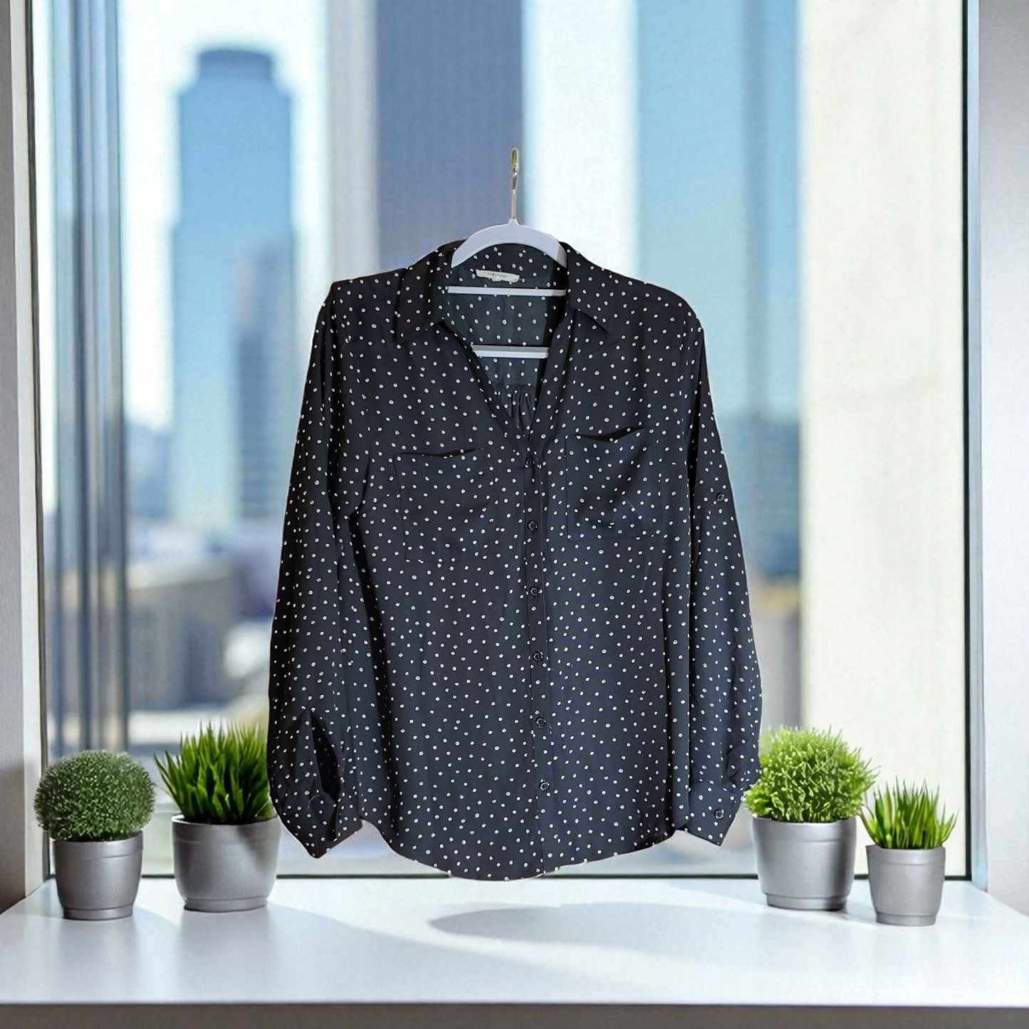 black sheer  long sleeve with white polka dots woman's small