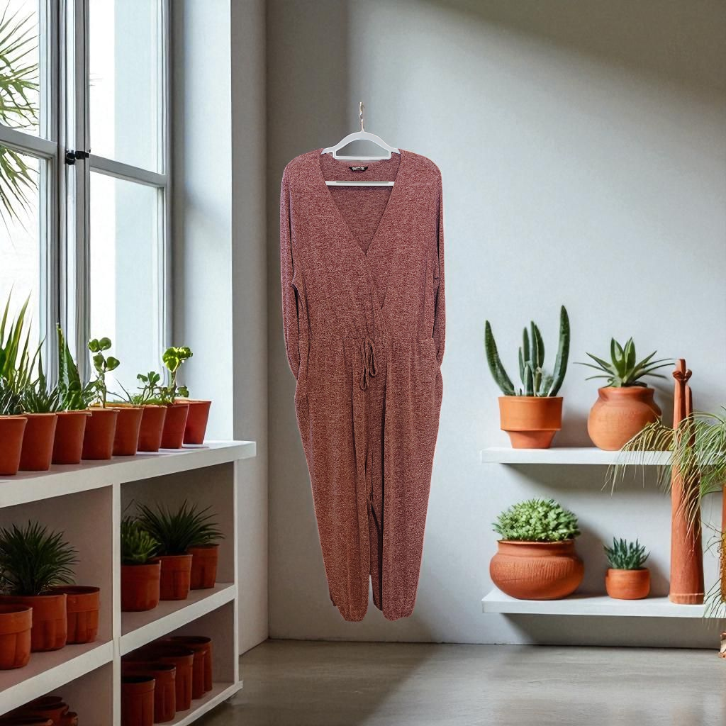 purple v neck jumper with pockets and waist tie