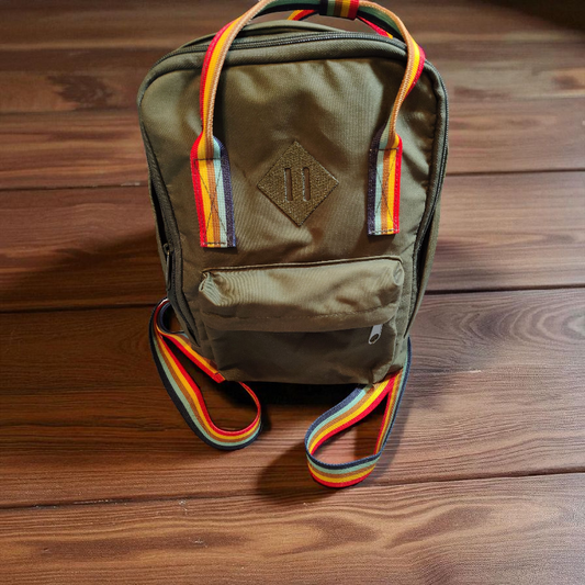 Rainbow strapped water resistant green back pack