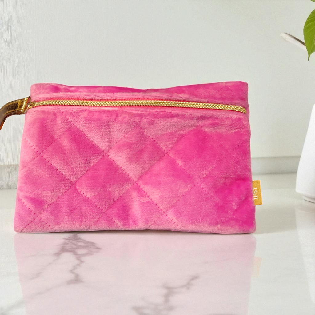 pink ultra soft makeup bag with zipper and wrist band