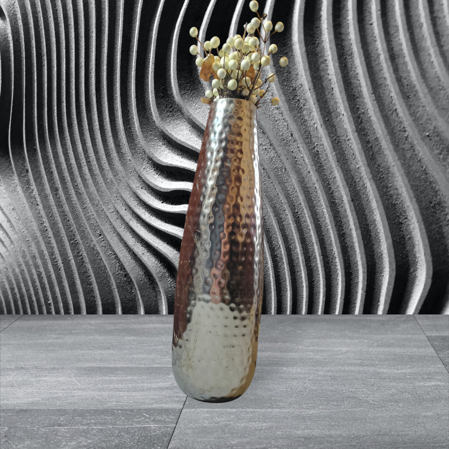 silver tall vase with false flowers included