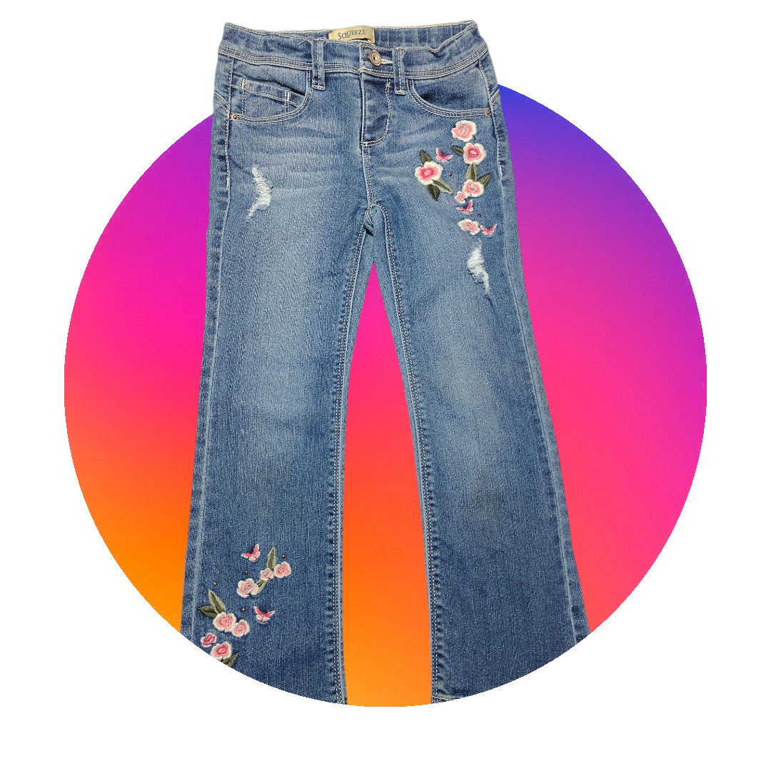 Girls' jeans with embroidered flower on hips and legs