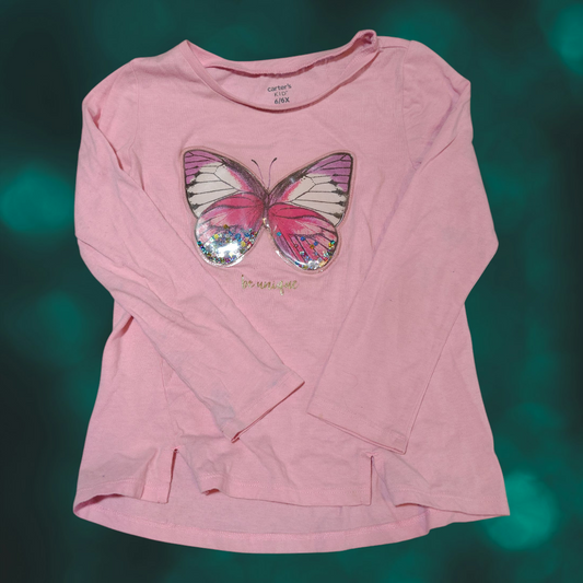 Pink Long Sleeve Girls Shirt with Butterfly on front