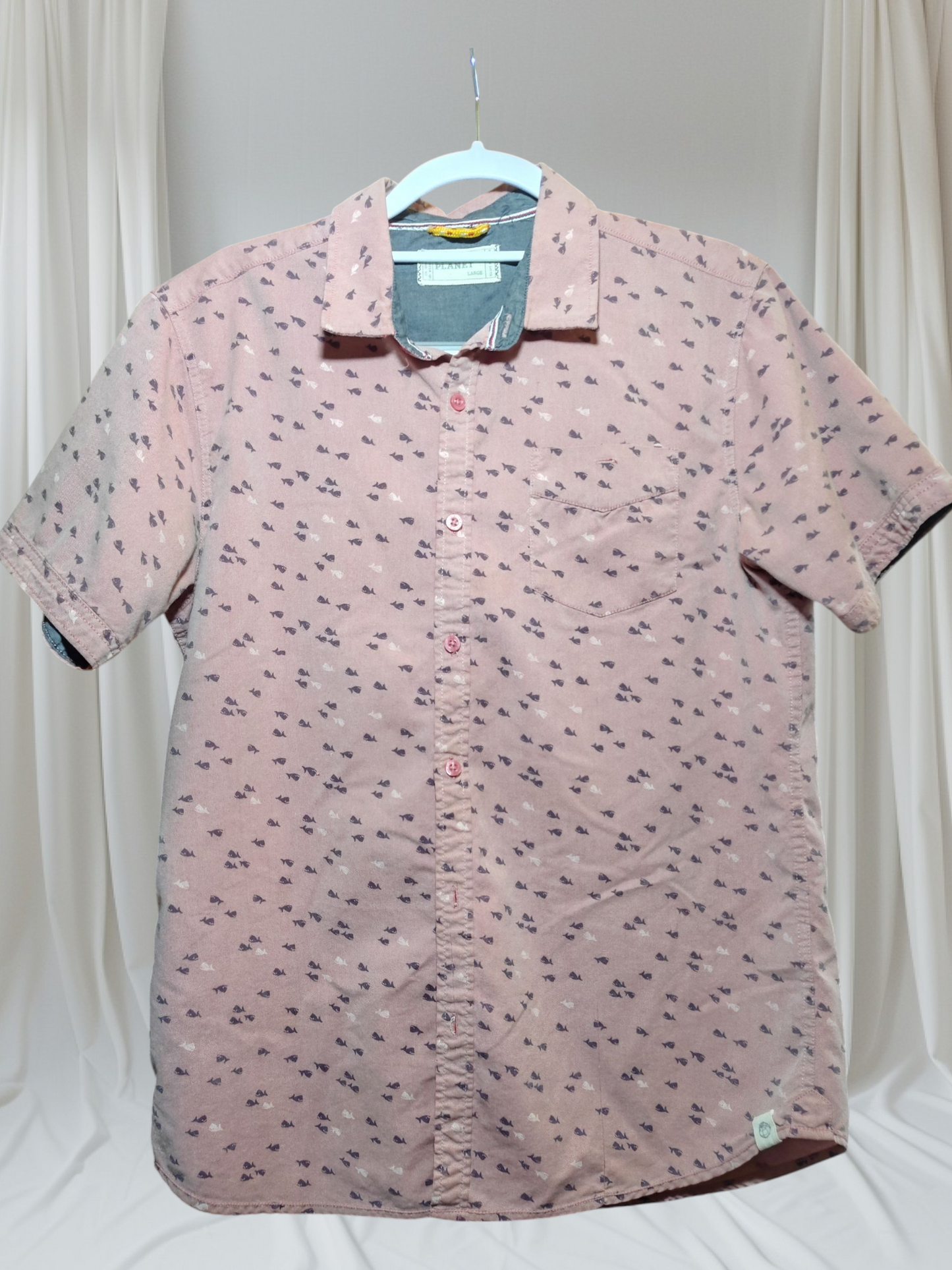 Salmon color whale print button up one pocket collard shirt
