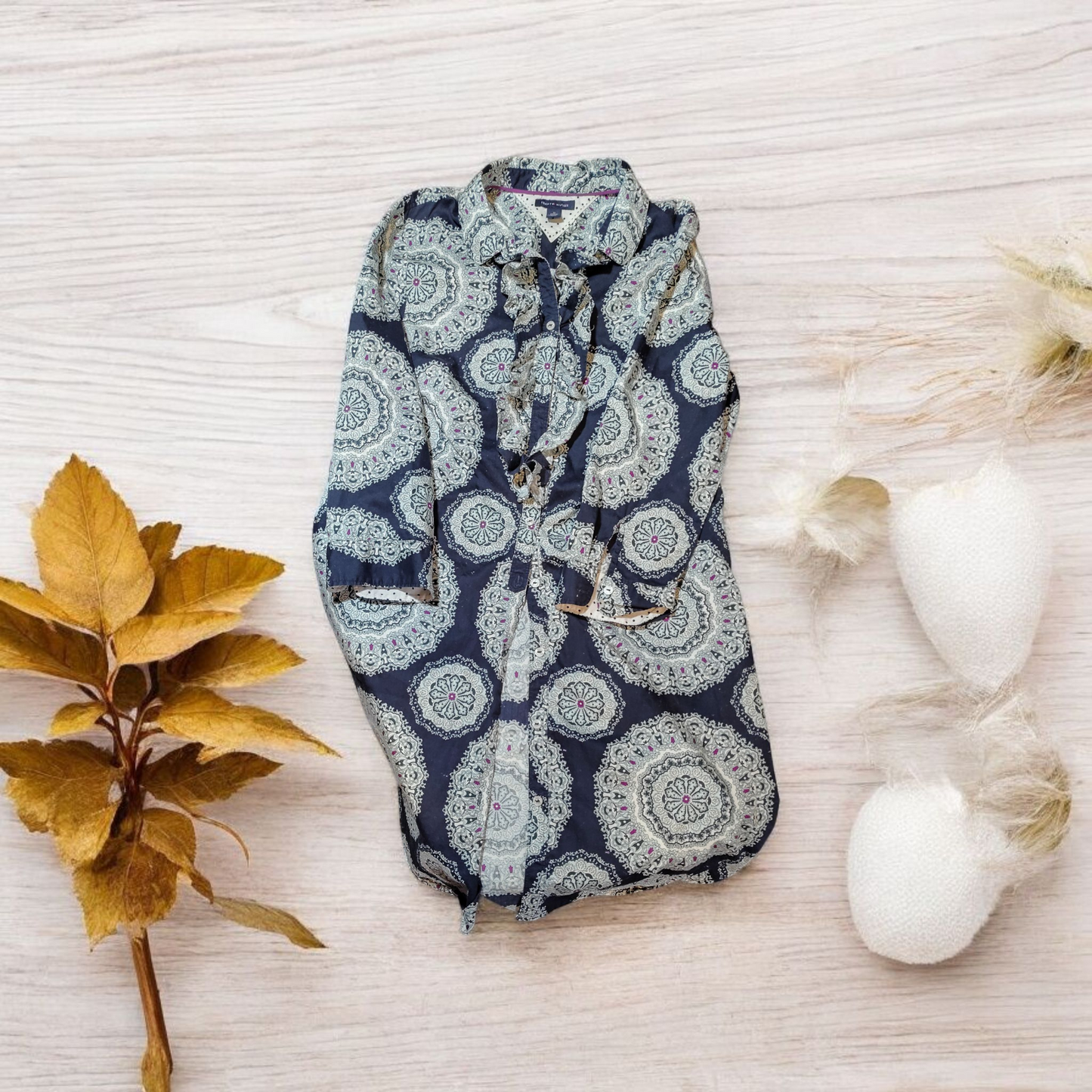 Paisley Print Ruffle Front, Collared Dress Medium