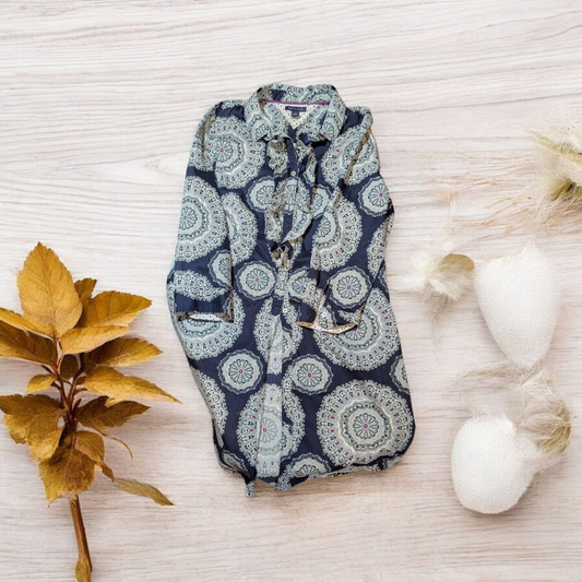 Paisley Print Ruffle Front, Collared Dress Medium