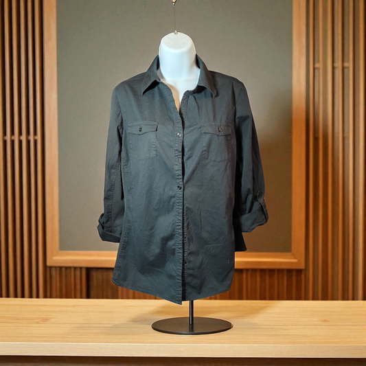 Black Maternity Button up roll sleeve Dress Shirt