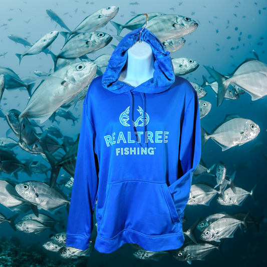Blue real tree fishing hoody  Paint on the back bottom  Men's S/ch